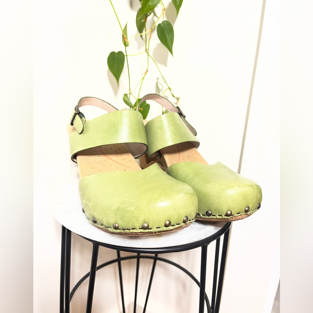 Dansko Green Leather Clog Mules with Wood Heel - Picture 4 of 9